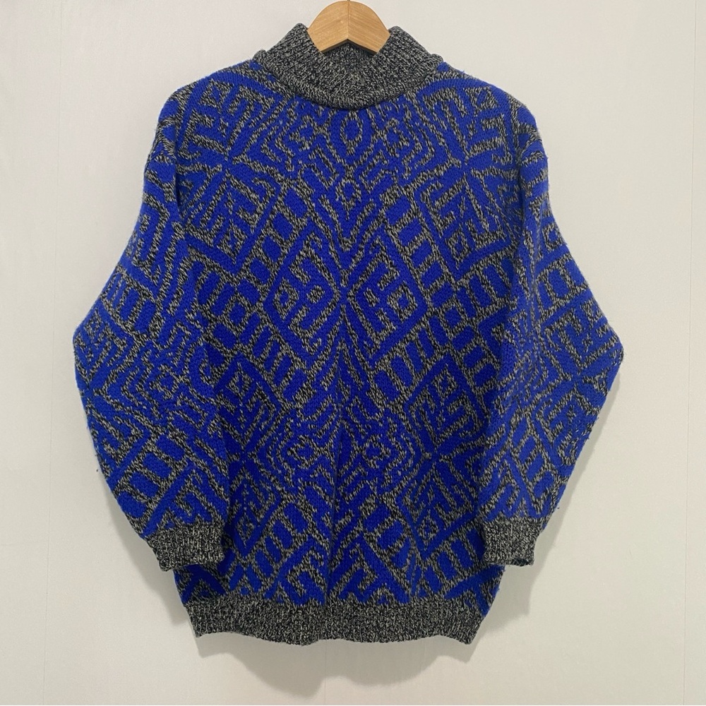 Vintage Benetton Shetland Wool Sweater Italy Blue  Geometric Turtleneck Knit M